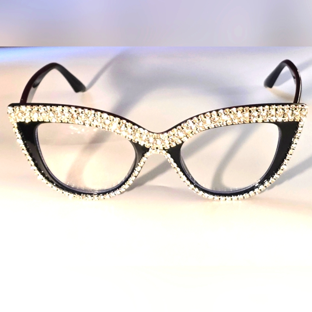Cat Eye Blinged Frame Large Glasses - Quality Thick Clear Lenses & Strong Hinges - Picture 1 of 6